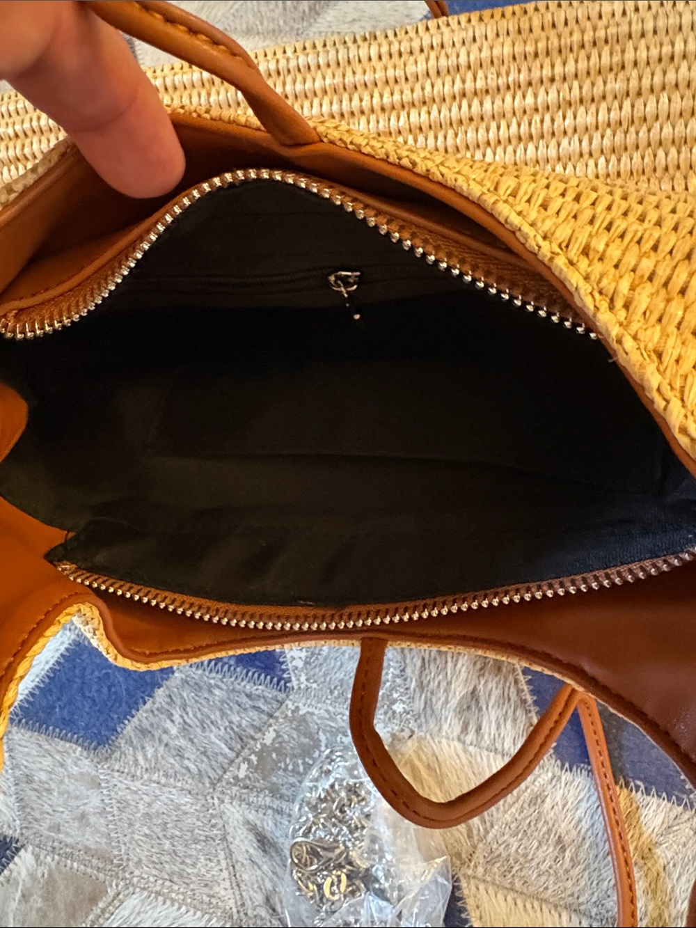 Woven Straw Hobo Bag with Brown Leather Trim - Picture 3 of 7